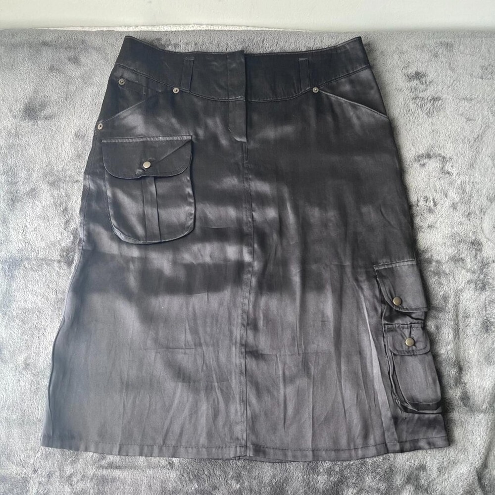 Vintage Buffalo David Bitton Size 29 Edris Black 100% Silk Cargo Midi Skirt - Picture 4 of 6